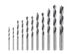 A set of ten wood drill bits of varying sizes, arranged in ascending order.