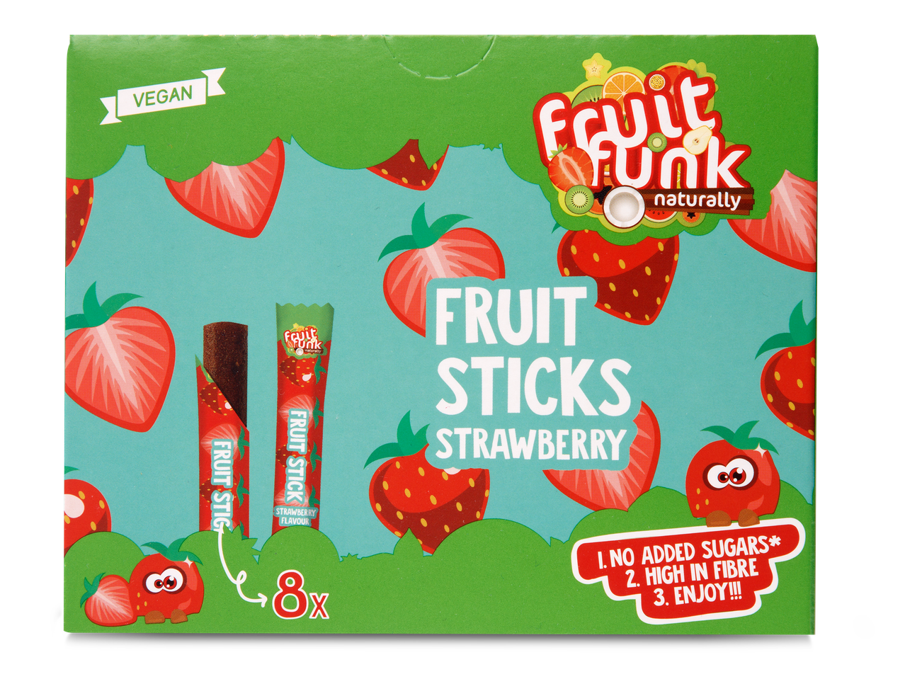 Veganistische fruitsticks met aardbeiensmaak, 8 stuks, zonder toegevoegde suikers en vezelrijk.