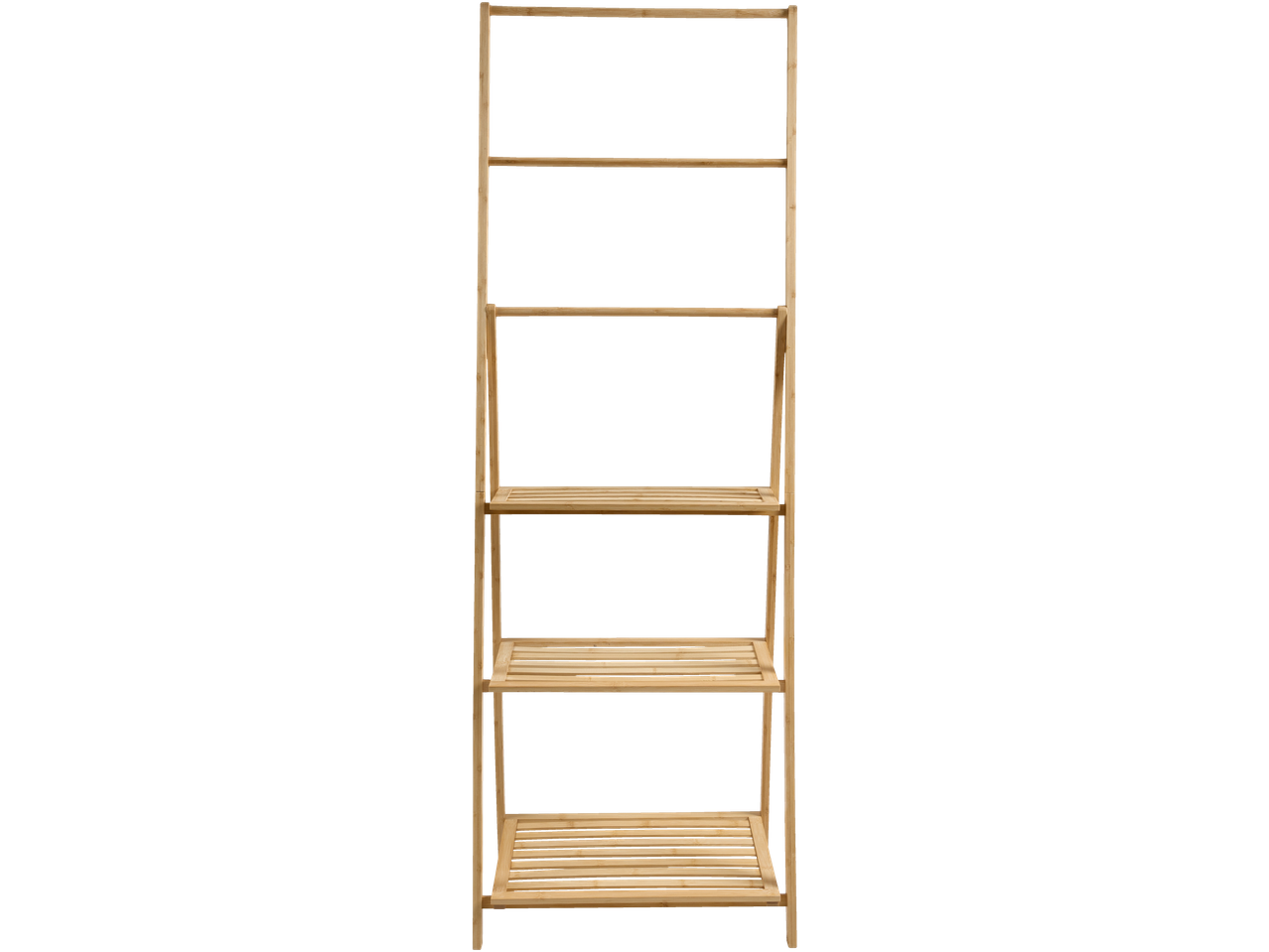Estante de bambu LIVARNO com quatro prateleiras e um varão para roupa.