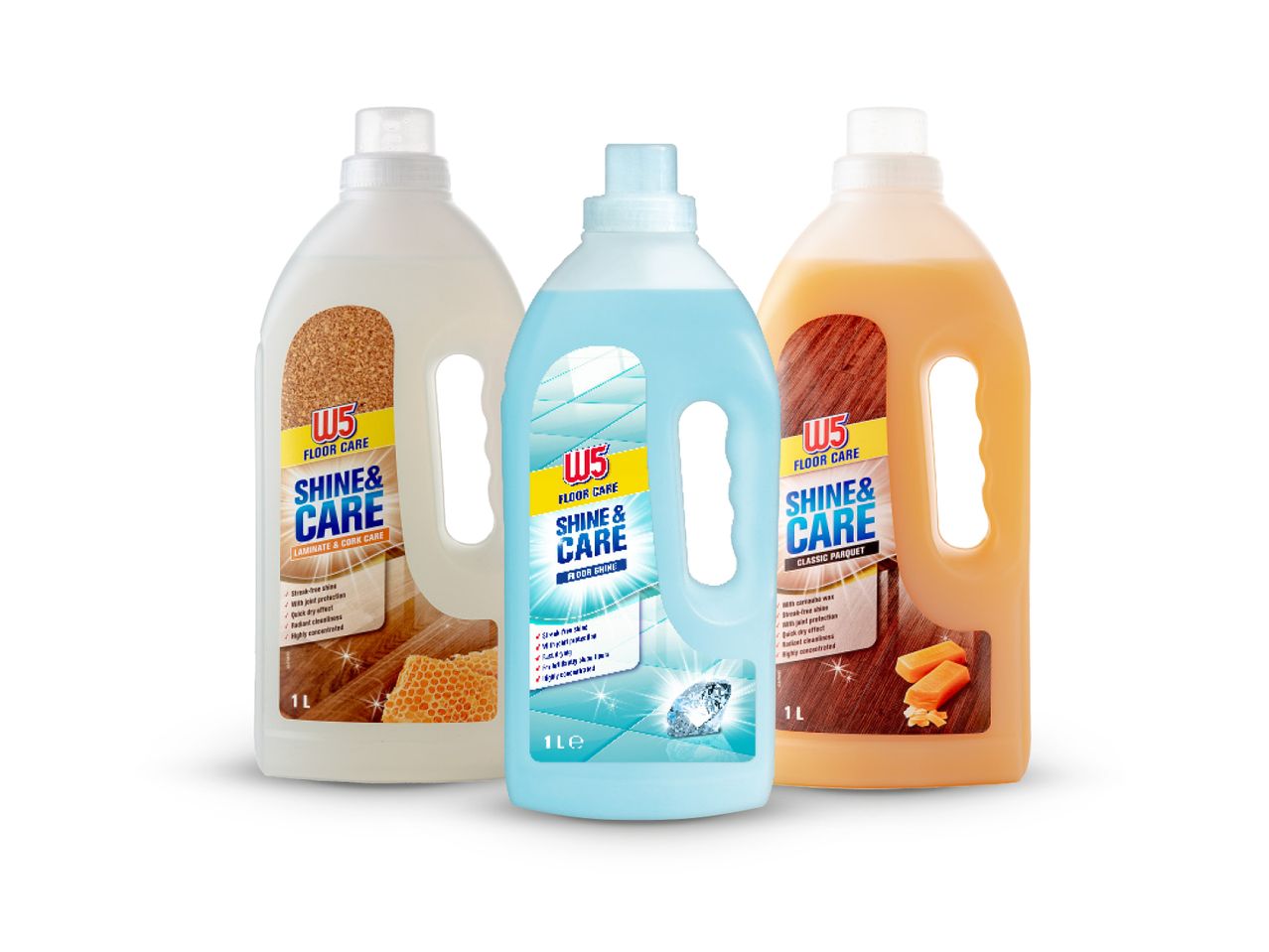 Tri boce W5 Shine & Care sredstva za njegu podova: za laminat i pluto, sjaj i klasični parket.