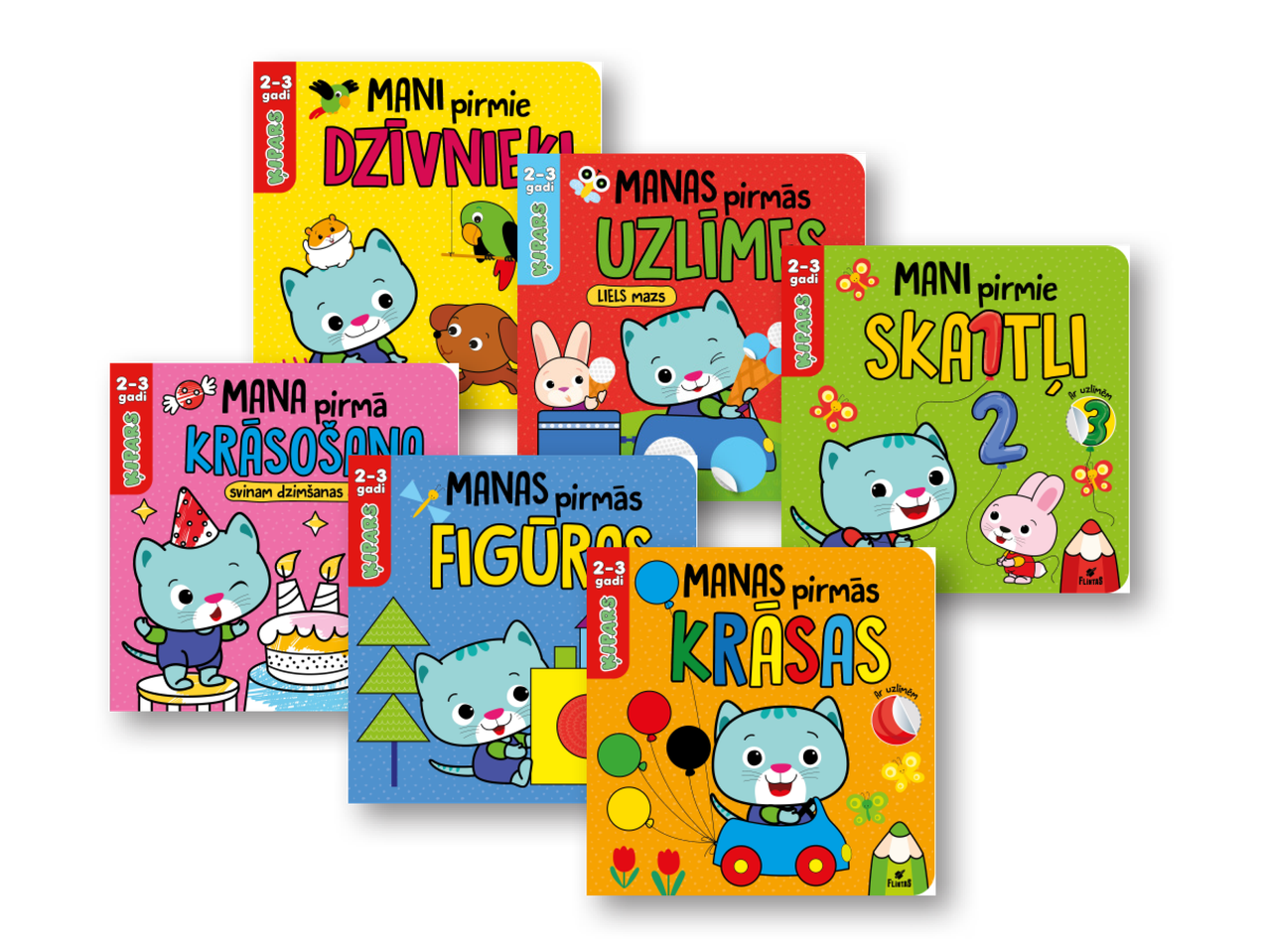 Bērnu grāmatas ar kaķēnu: Dzīvnieki, Krāsošana, Uzlīmes, Skaitļi, Figūras, Krāsas.