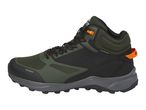 Dark green and black waterproof mid-cut hiking boot with orange accents