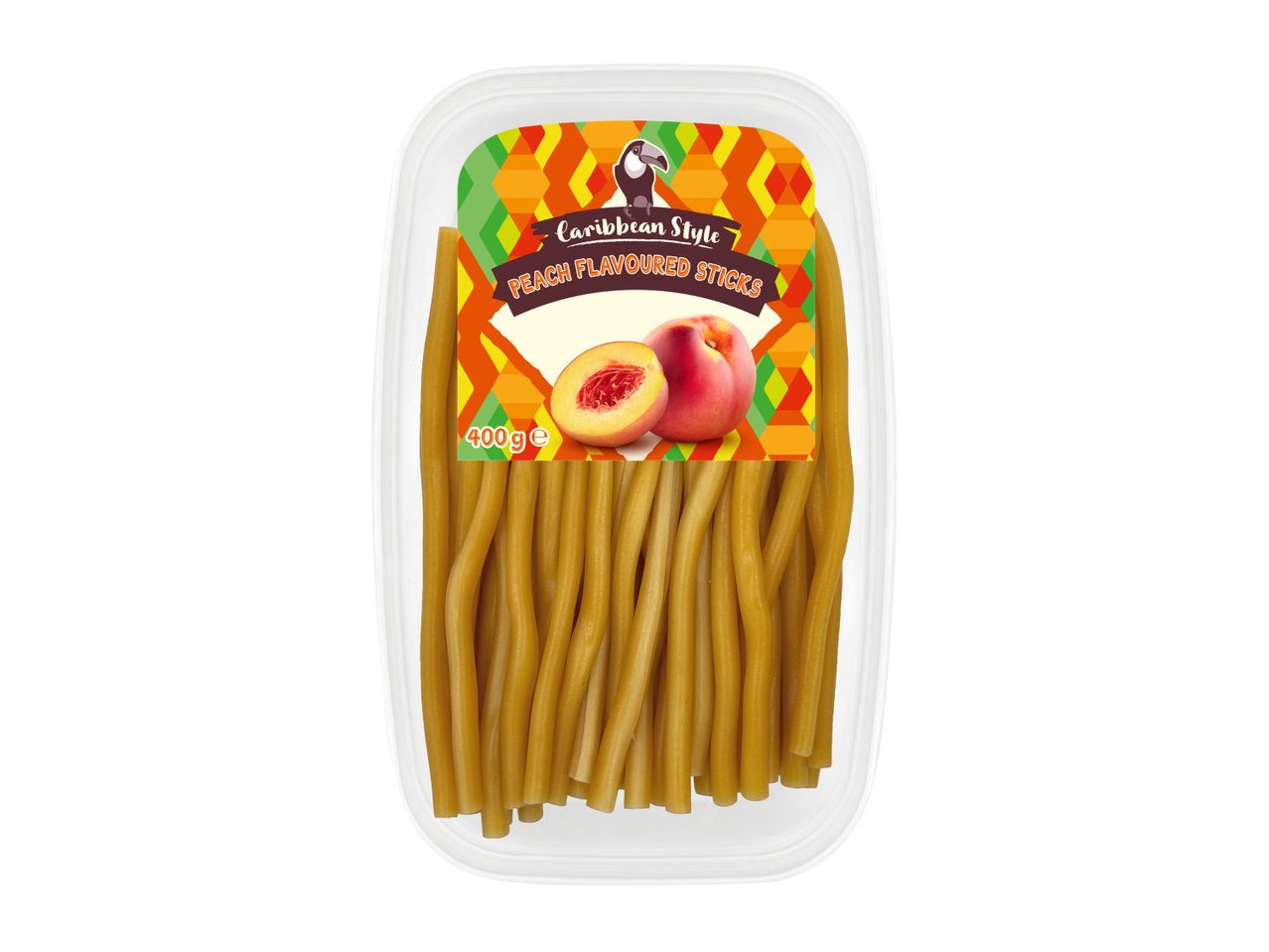 Package of long, thin, light-brown pasta-like snacks.