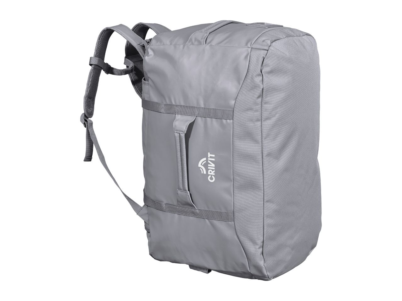 A grey Crivit travel duffel bag with adjustable shoulder straps.