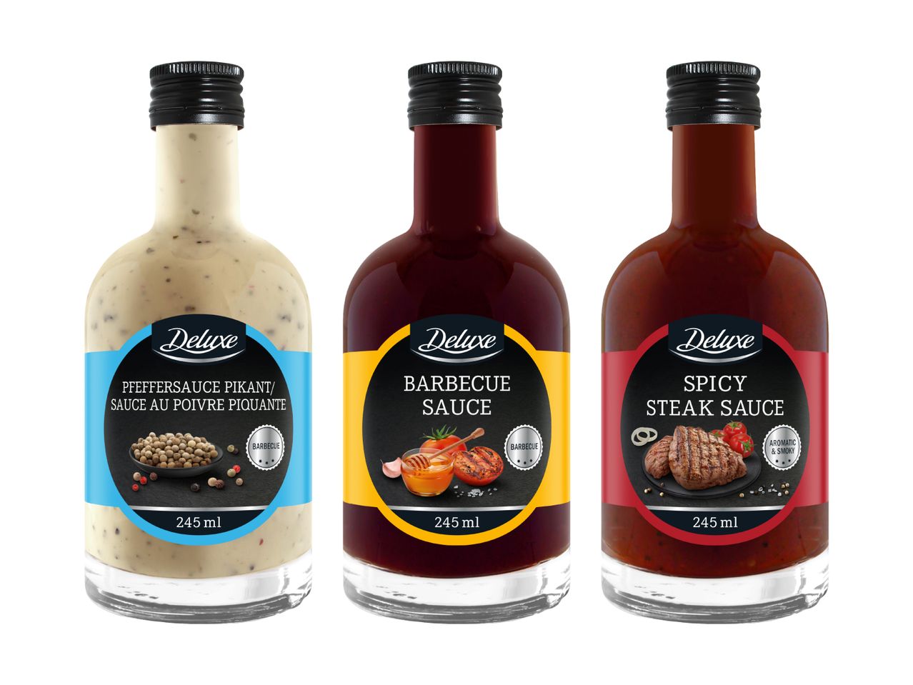 Drei Zesty Saucen: Buttersauce, BBQ-Sauce und scharfe Sauce.