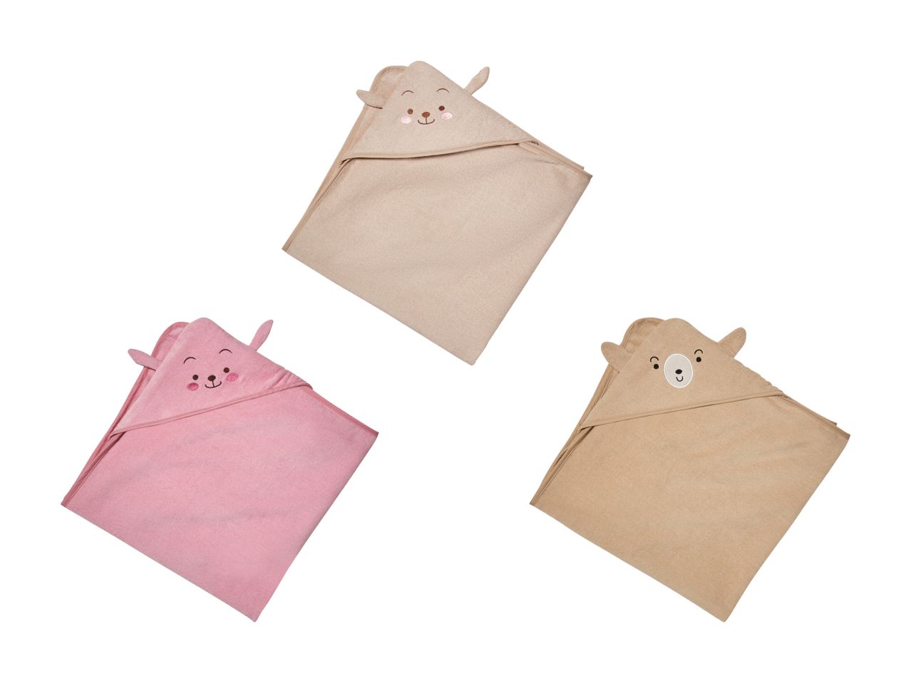 Drei Baby-Badetücher mit Kapuze in Rosa, Beige und Creme.