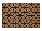 Close-up of a brown doormat with a black geometric 3D cube pattern