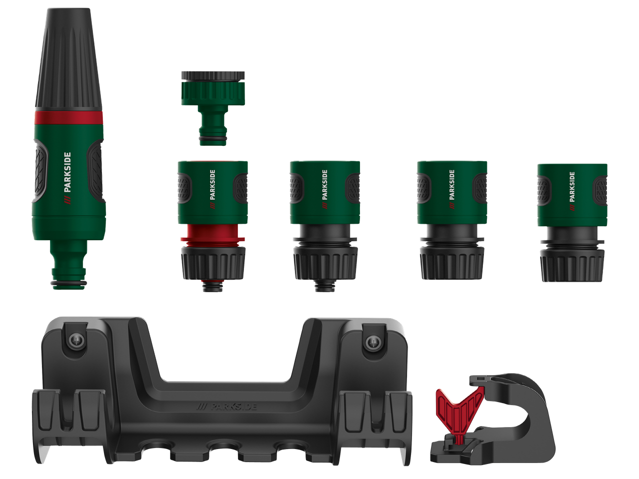 Комплект аксесоари за градински маркуч, включващ накрайник, съединители и държач за стена.