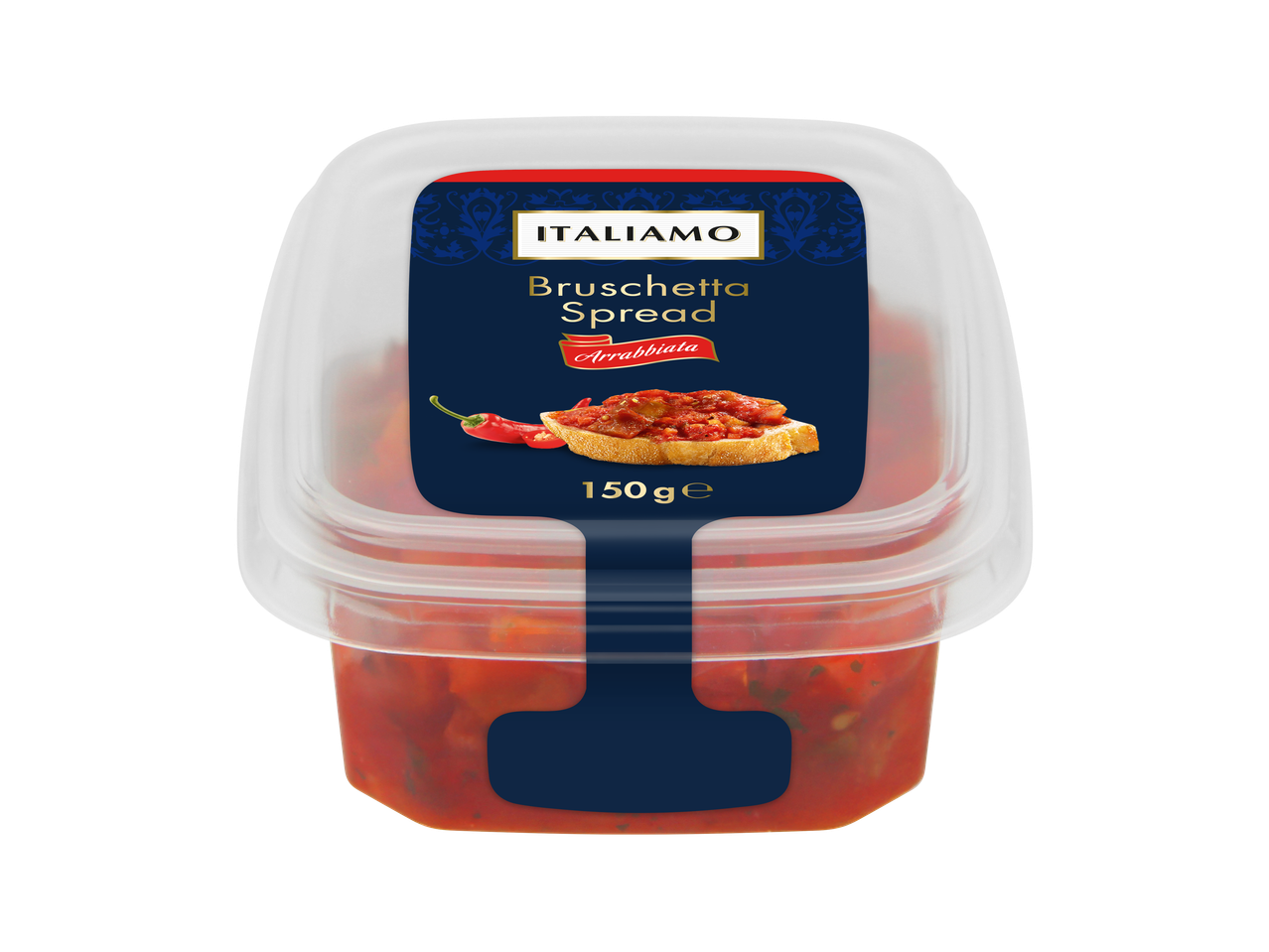 ITALIAMO Bruschetta Spread Arrabbiata, 150g, num recipiente de plástico transparente.