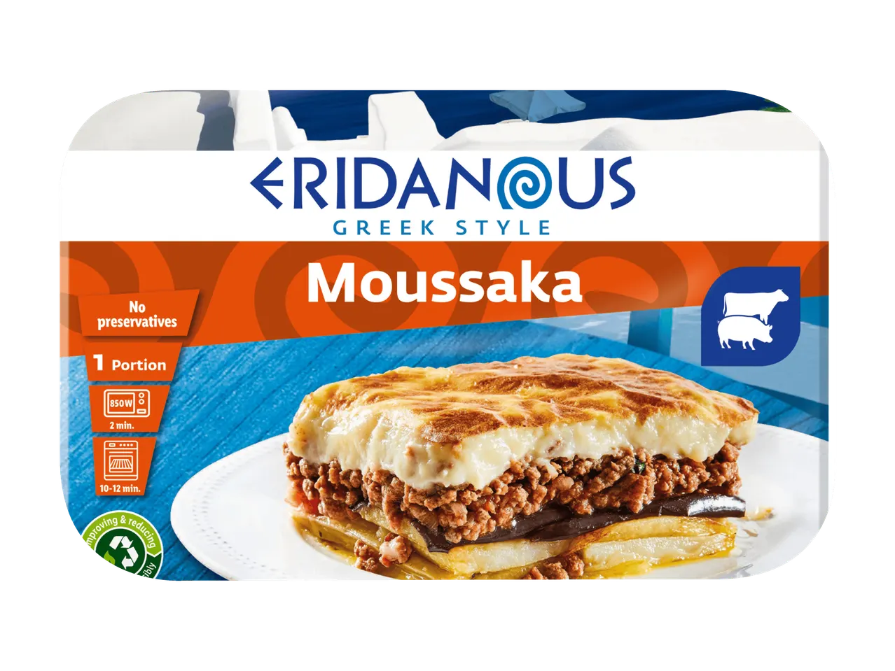 Moussaka à la grecque, 1 portion, sans conservateurs, avec instructions de cuisson.
