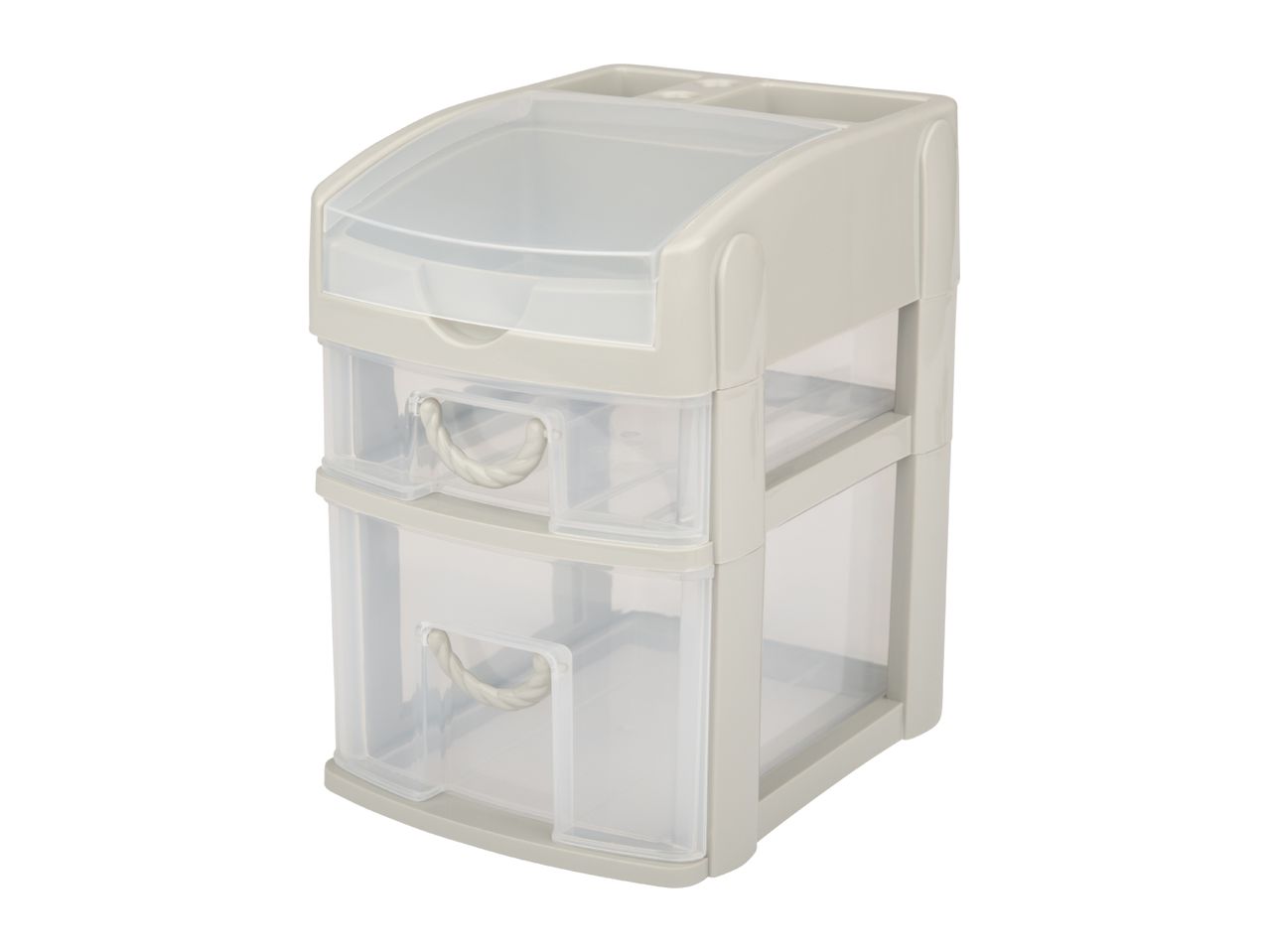Light grey plastic storage unit with two clear drawers and a top compartment with a clear lid.