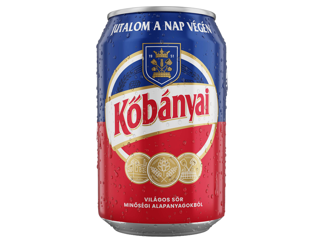 Kék-piros dobozos világos sör vízcseppekkel díszítve.