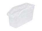 Gennemsigtig, rektangulær opbevaringskurv med lodrette slidser, der skråner opad i den ene ende.