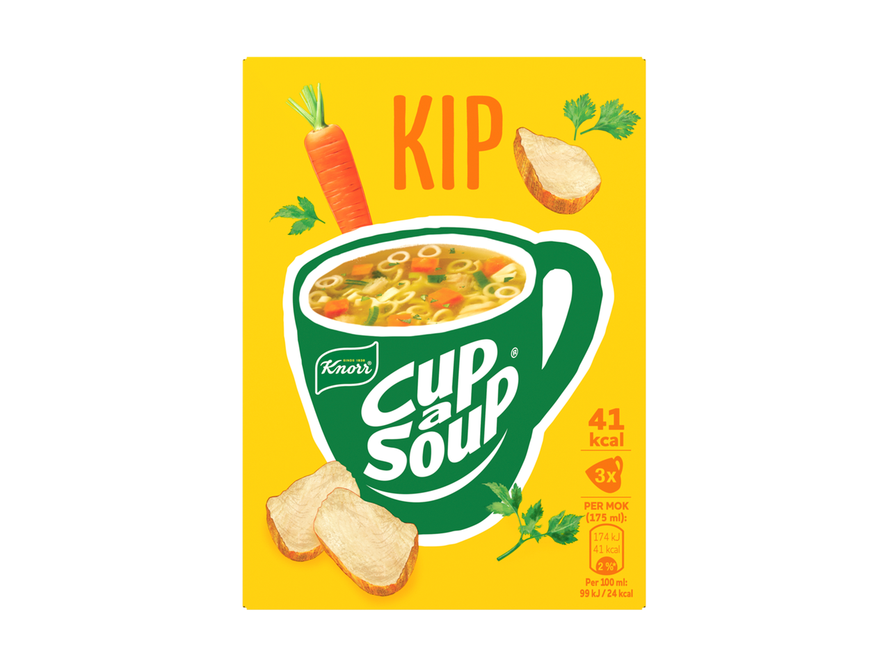 Een gele verpakking met een groene kop kippensoep, wortels en kipstukjes.