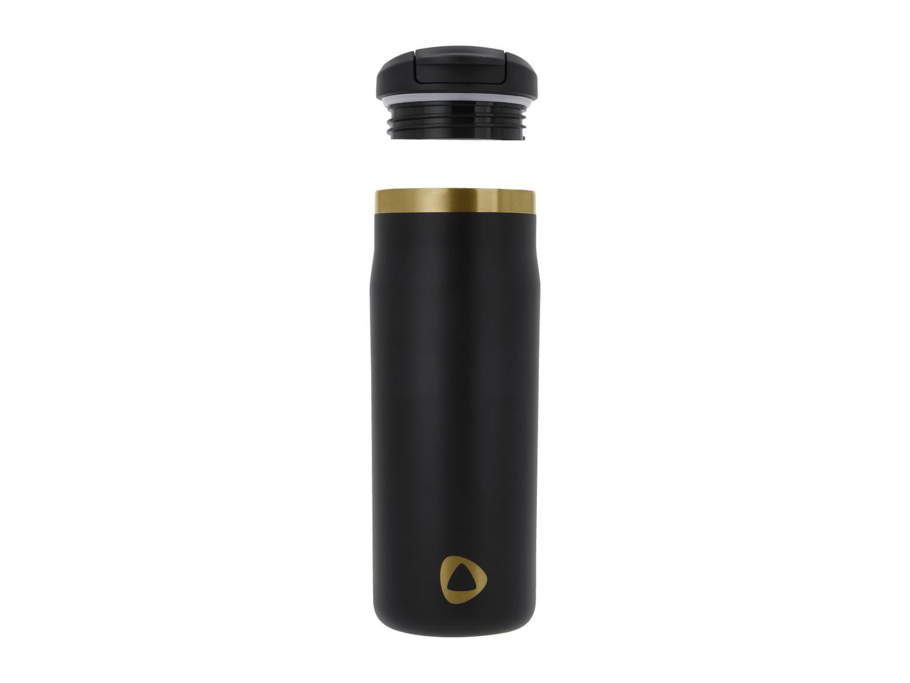 Black and gold insulated travel mug with the lid removed, on a white background.