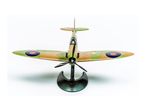 Model airplane, a Spitfire replica, with camouflage paint and roundels, on a display stand.