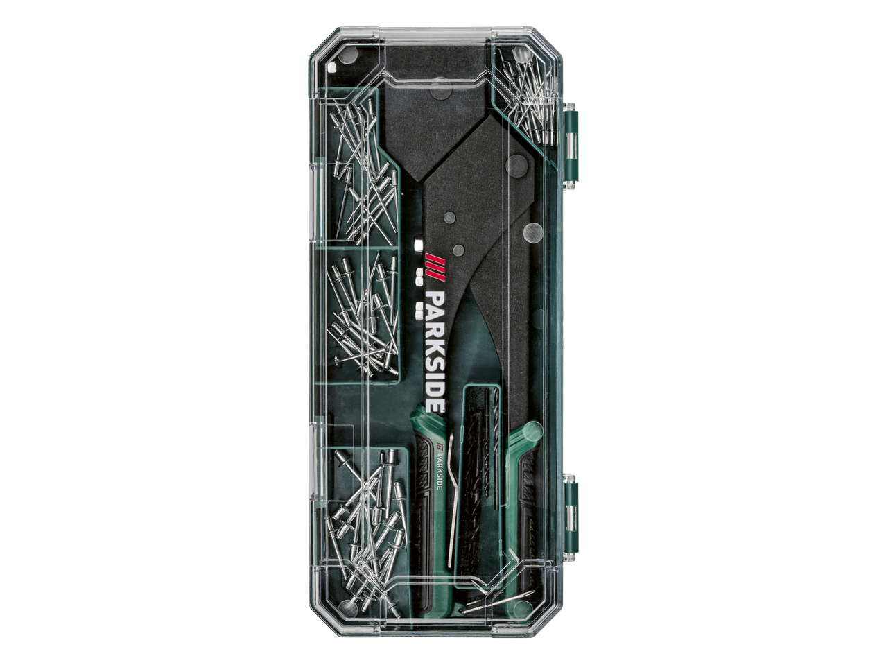 PARKSIDE set zakivača s zakovicama i svrdlima u prozirnoj kutiji.