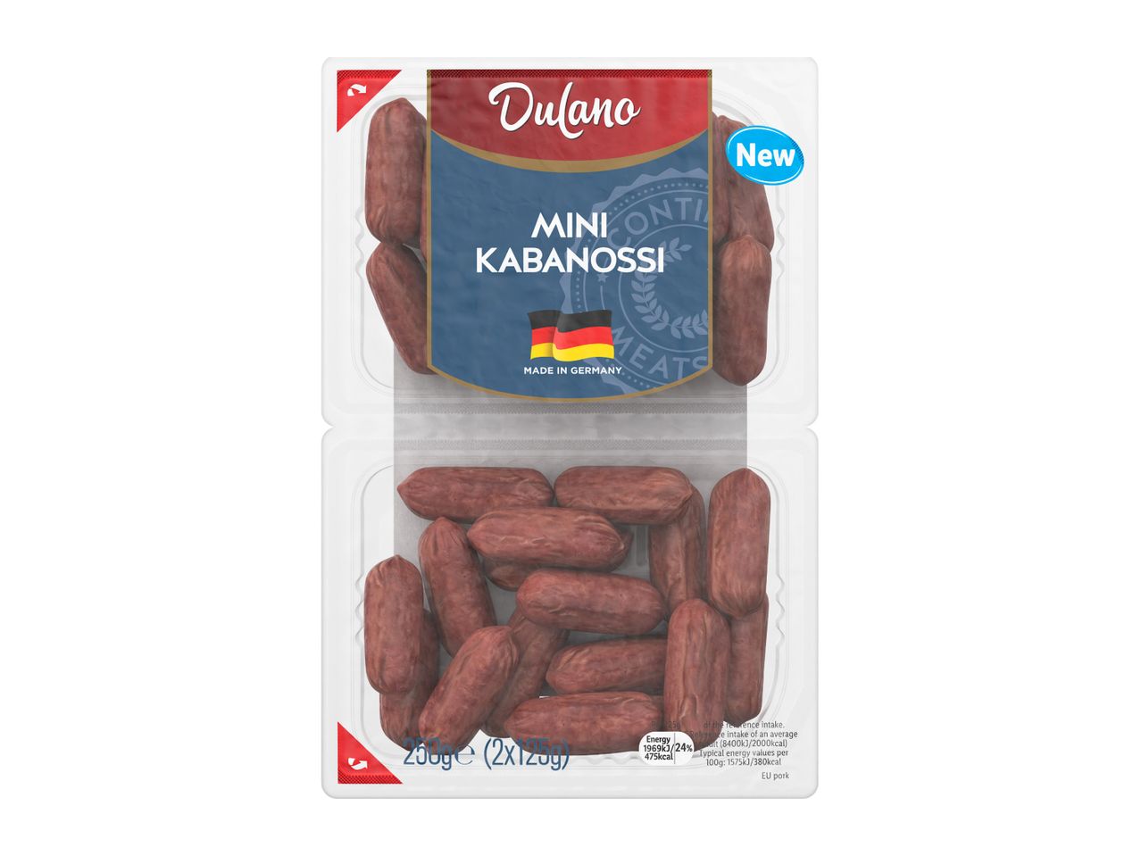 Mini Kabanossi sausages in a clear plastic package, with a blue and red label indicating 'New' and 'Made in Germany'.
