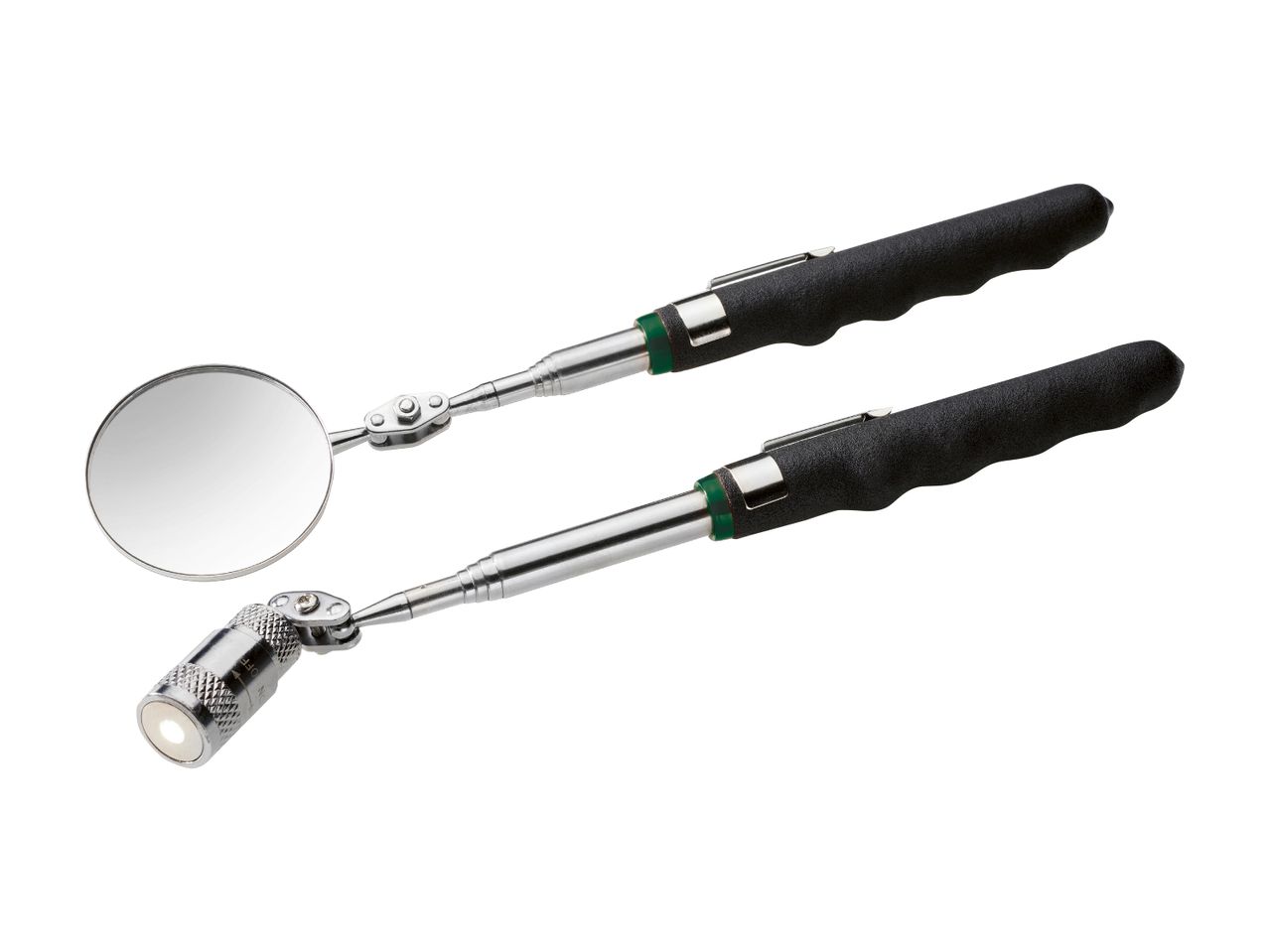Two telescopic inspection mirrors, one with a light, on a white background.