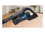 A cordless handheld vacuum cleaner with a transparent dust container showing a blue cyclone effect.