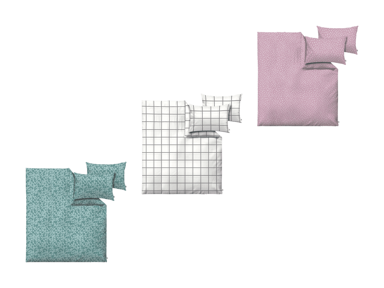 Drei Bettwäsche-Sets: rosa gepunktet, weiß kariert und grün mit geometrischem Muster.