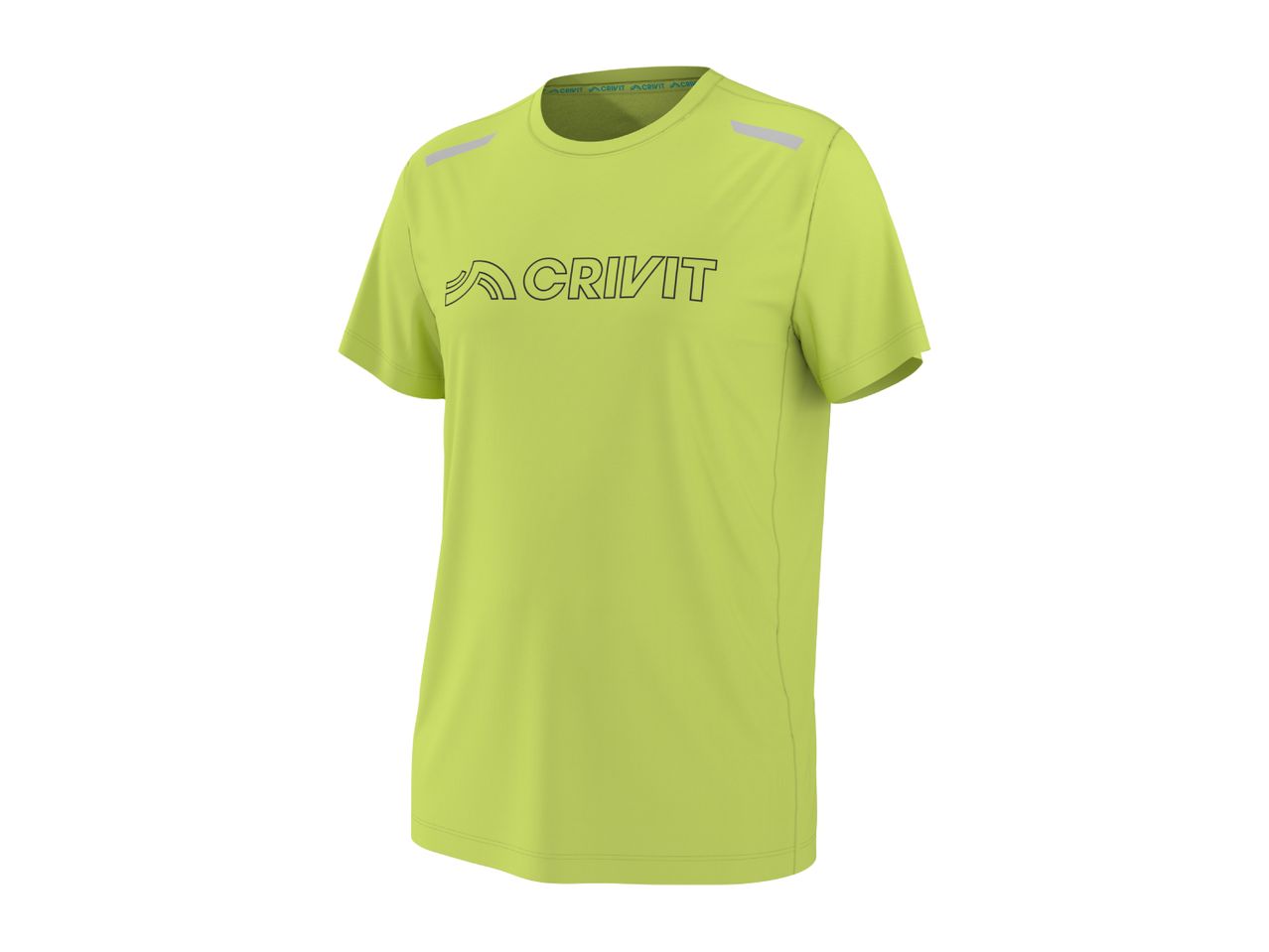Lime green short-sleeved sports t-shirt with a black logo on the chest and reflective stripes.