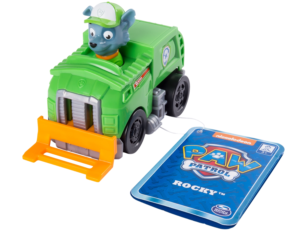 PAW PATROL Rocky figūrėlė su žalia perdirbimo transporto priemone ir etikete.