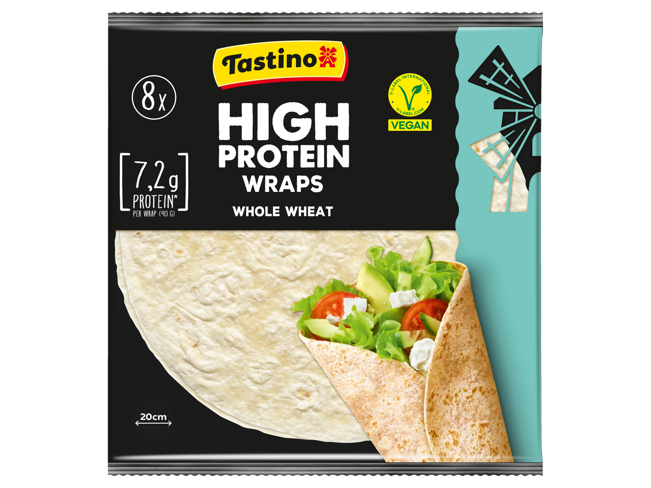 Tastino Wraps Protéinés Blé Entier, 8x, 7,2g de protéines par wrap, vegan, 20cm