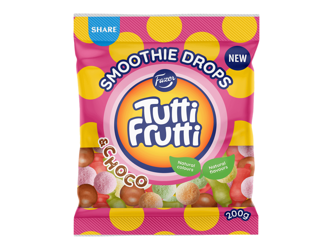 Fazer Tutti Frutti Smoothie Drops -karkkipussi, jossa on suklaata ja hedelmäkarkkeja.