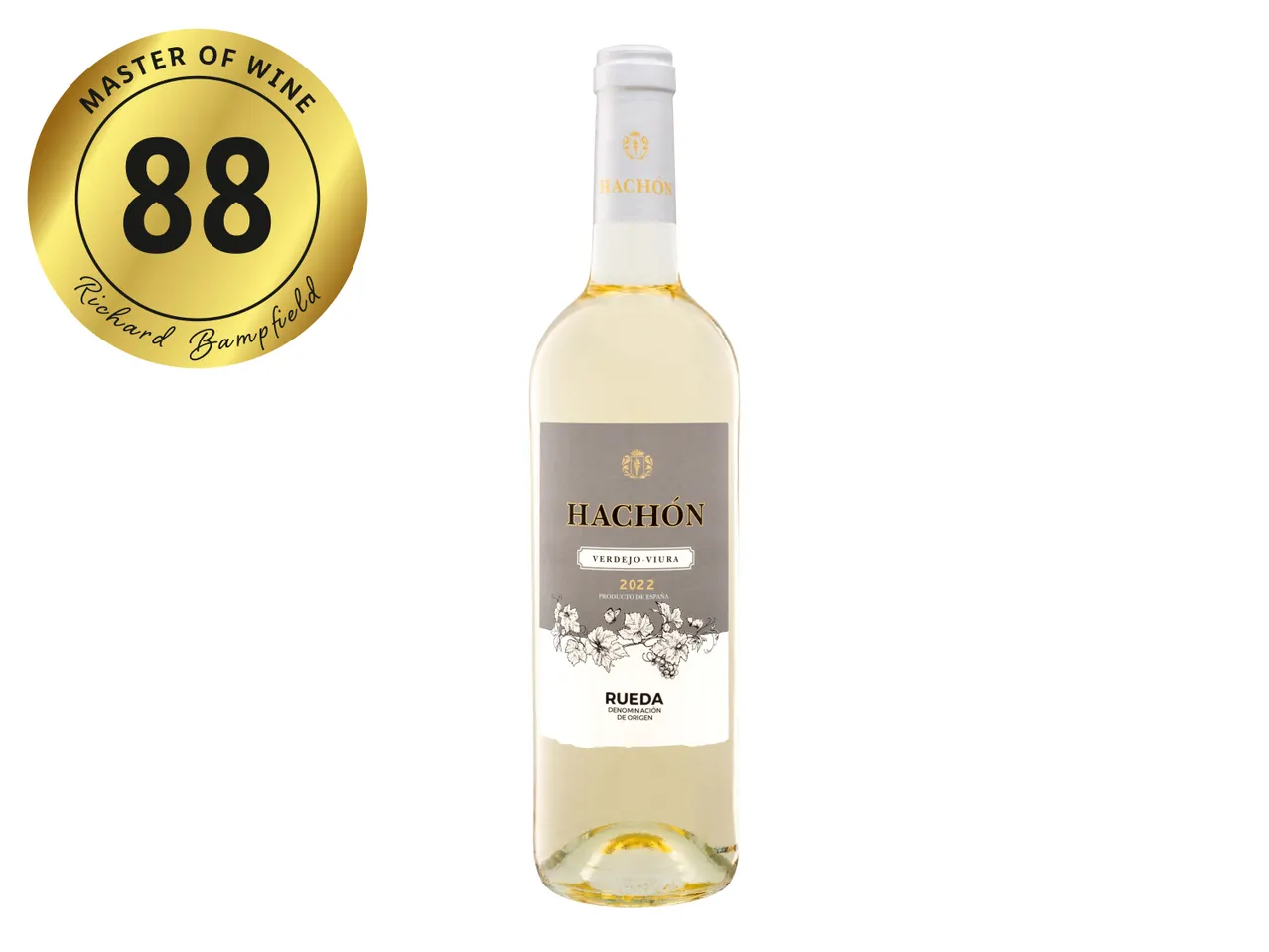 A bottle of Hachón Verdejo Viura 2022 wine with an 88-point Master of Wine rating.