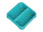 Teal baby bath with two compartments and sea-themed patterns.