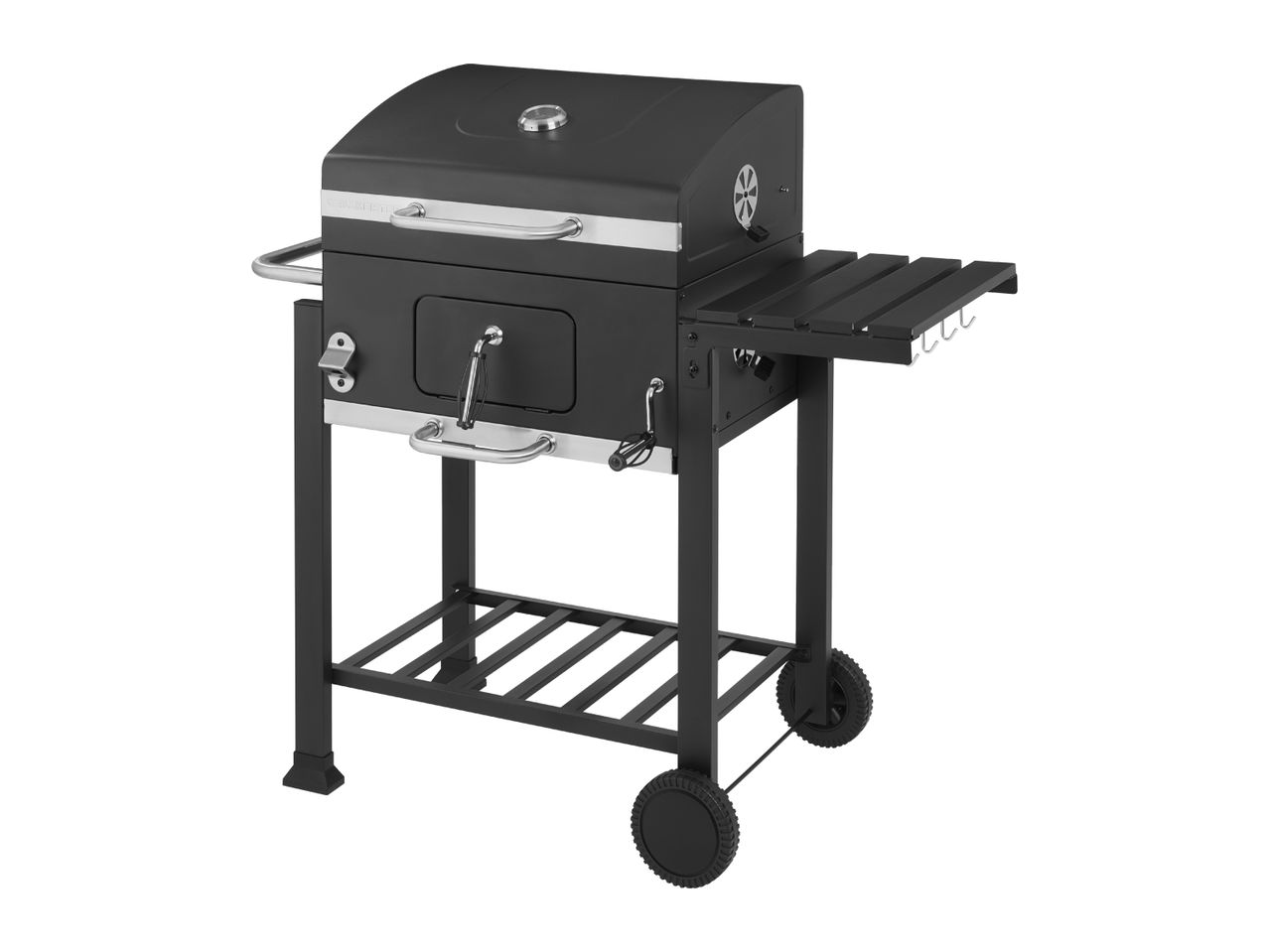 Black charcoal grill with a side shelf, wheels, and a built-in bottle opener.