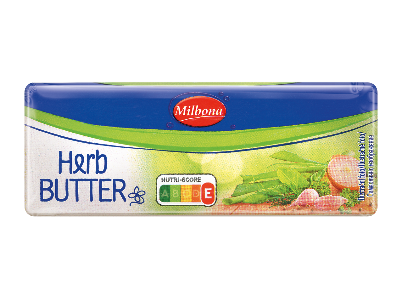 Опаковка билкова маслена паста с надпис 'Herb BUTTER' и Nutri-Score E.