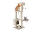 Beige cat tree with two cats; an orange tabby playing with a toy and a grey British Shorthair relaxing in a hammock.