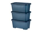Three stackable plastic storage boxes in dark blue.