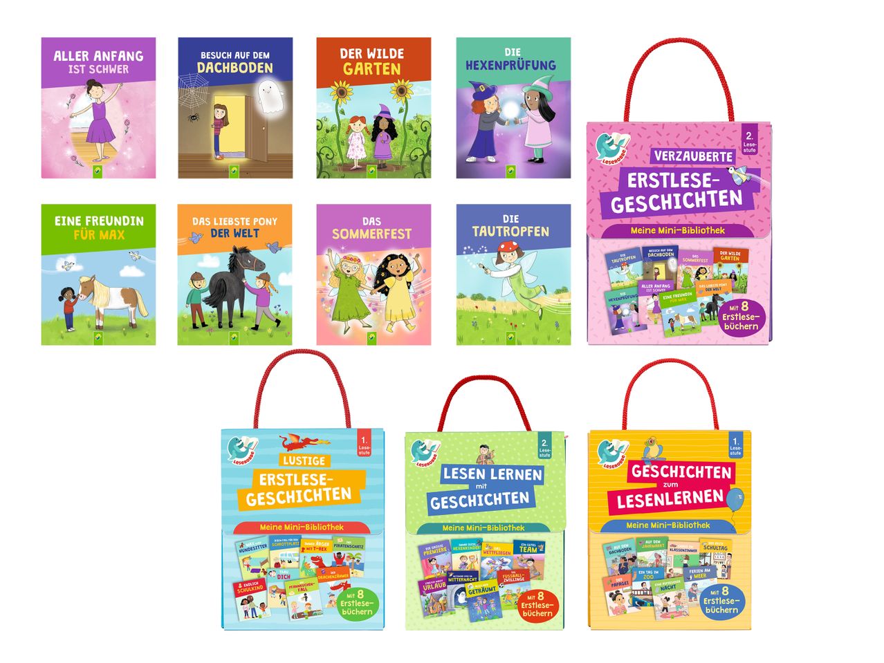 Vier Sets mit je acht Erstlesebüchern für Kinder, darunter „Verzauberte Erstlese-Geschichten“ und „Lustige Erstlese-Geschichten“.