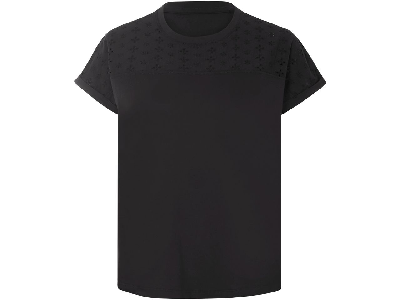 Black eyelet-detail t-shirt with short sleeves.