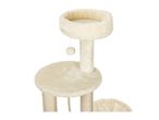 Beige plush cat tree with scratching posts, platforms, and a hanging toy.