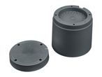 Two dark grey cylindrical plant pot inserts, one with drainage holes, the other with dimensions and 'Made in EU' text.
