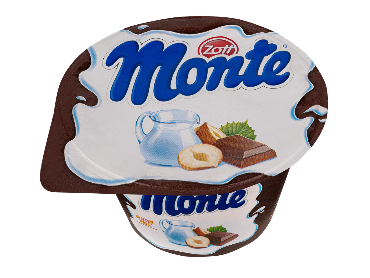 Két csokoládés-mogyorós desszert, tejjel, mogyoróval és csokoládéval illusztrálva, az egyik gluténmentes felirattal.