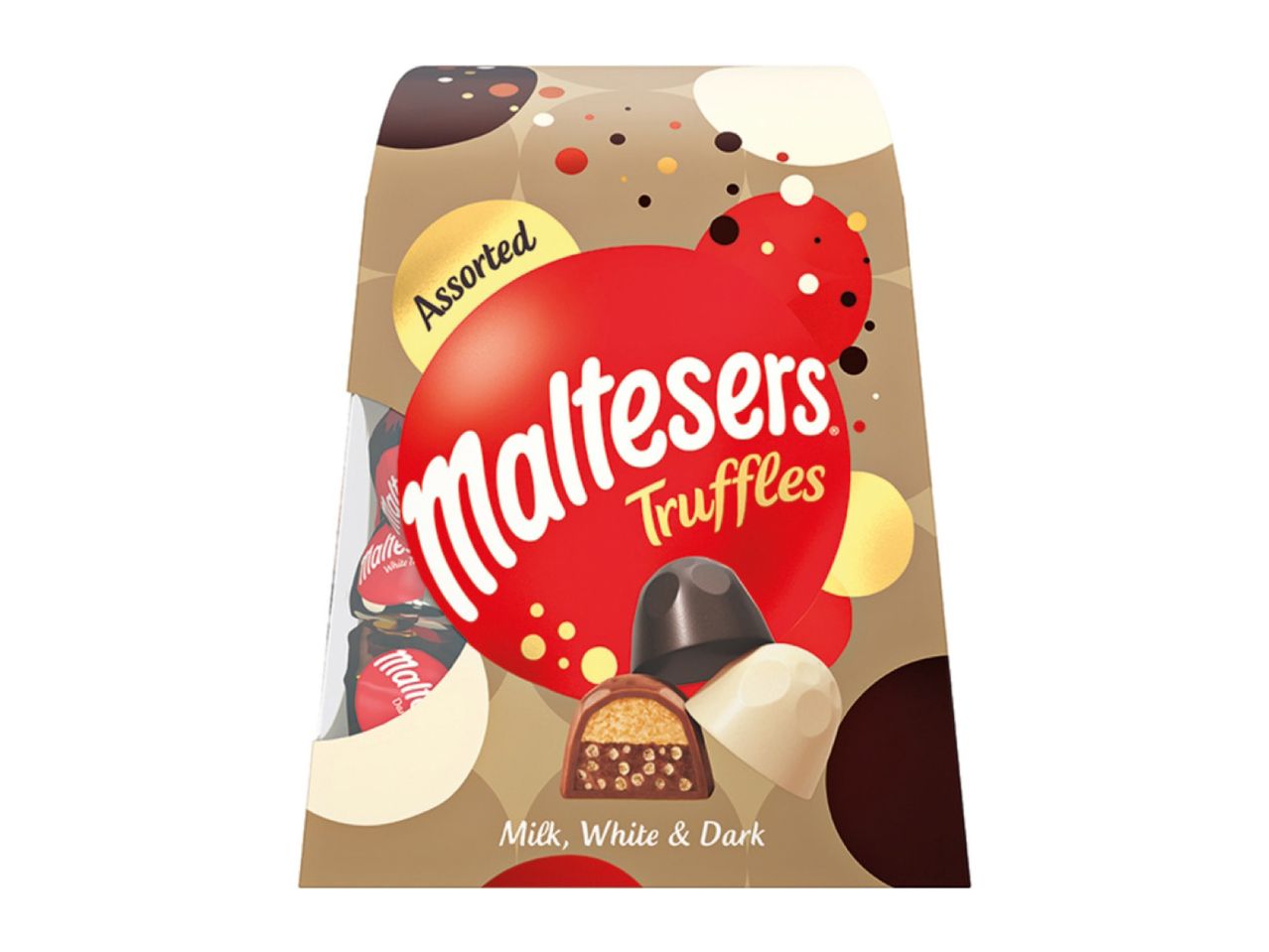 Maltesers Truffles assorted milk, white, and dark chocolate box.