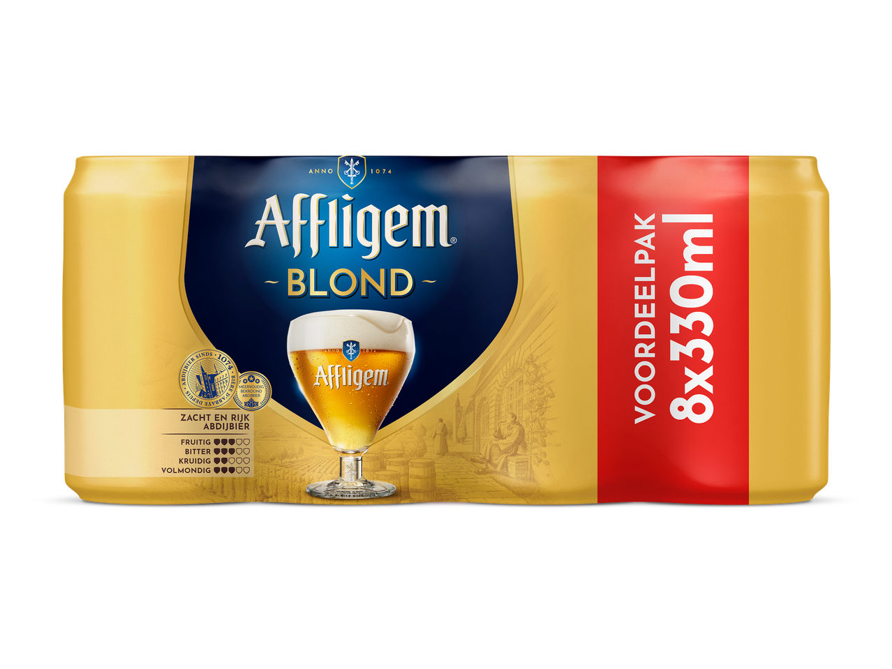 Verpakking met 8 blikken blond abdijbier van 330 ml, zacht en rijk van smaak.