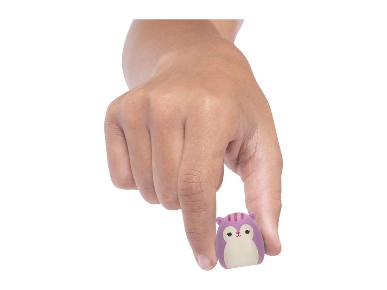 A hand holding a small, purple, squirrel-like toy with pink stripes and ears.