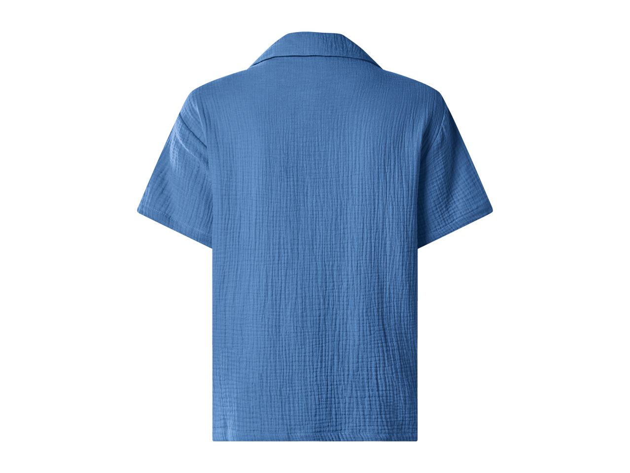 Blue short-sleeved shirt with a textured fabric, back view.