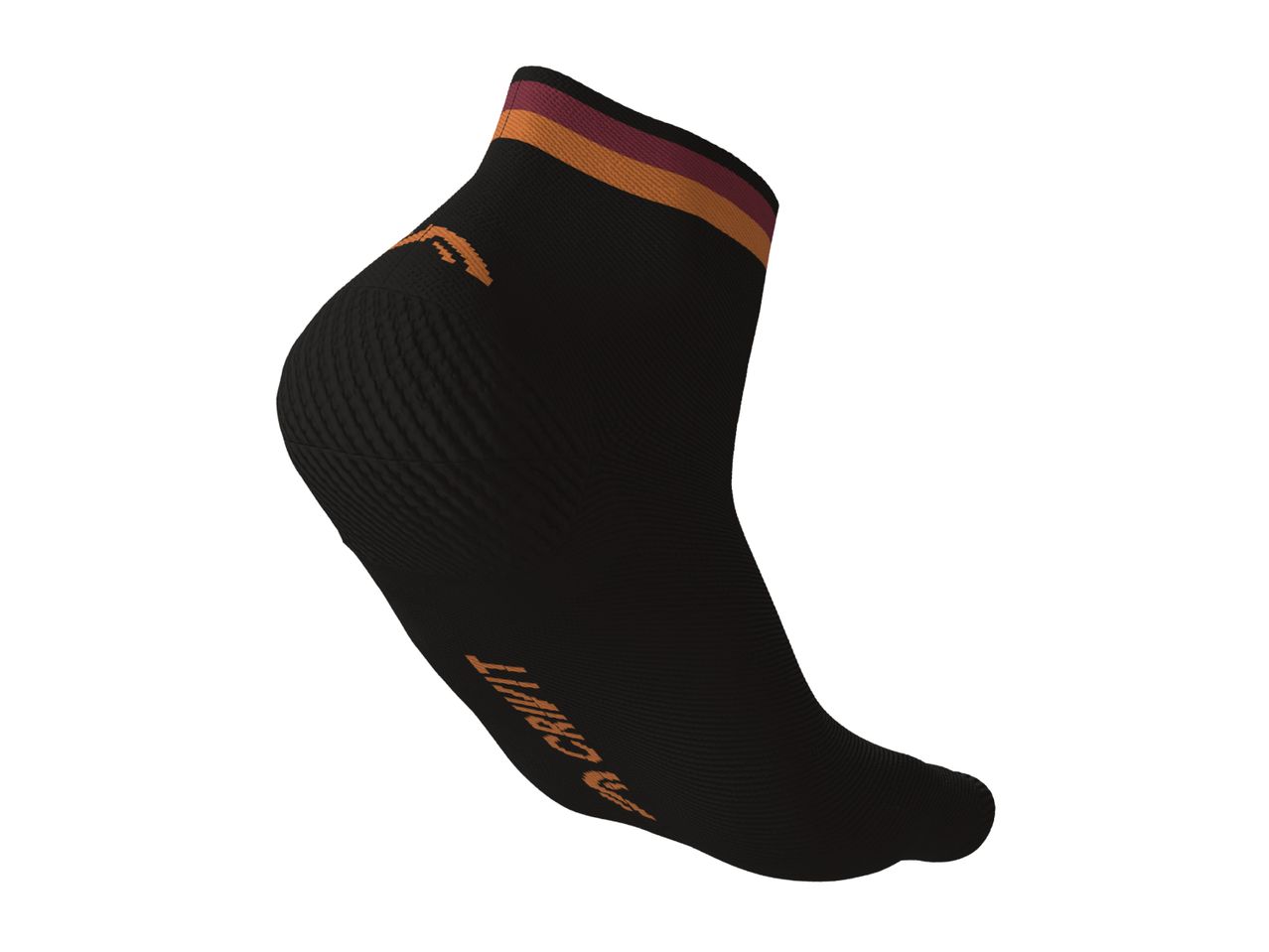 A Crivit cycling sock with orange and maroon stripes at the top and a logo.