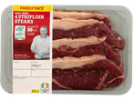 Pack of 4 Irish striploin steaks, 650g, with Bord Bia Quality Assurance label.