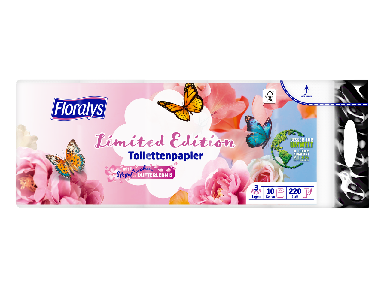Floralys Toilettenpapier Limited Edition, 3-lagig, 10 Rollen, Blumenmuster.