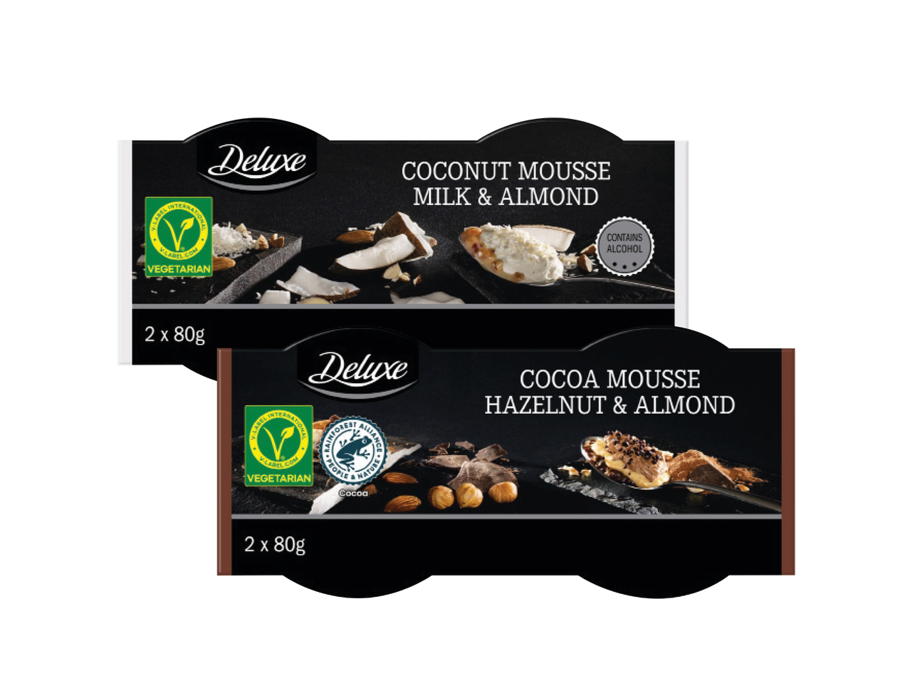 Divi desertu muss: kokosriekstu muss ar pienu un mandelēm, un kakao muss ar lazdu riekstiem un mandelēm.