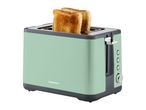 A SilverCrest toaster in mint green with two slices of toasted bread.
