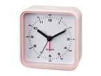 A pink square alarm clock with a simple white face.
